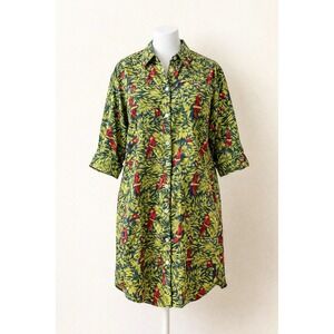 VTG Silk Parrot Print Shirt Dress Womens 14 Y2K Tropical Resortcore Art to Wear